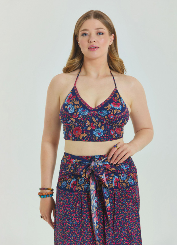 Halter Neck Open Back Pink Floral Plus Size Crop Blouse 4616